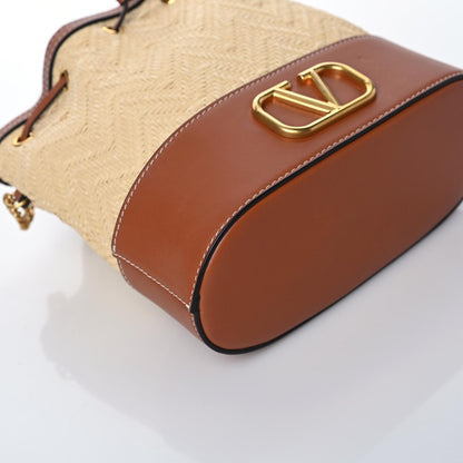 Valentino Garavani Raffia Calfskin Vlogo Drawstring Shoulder Bag Naturale Saddle Brown 5 of 8
