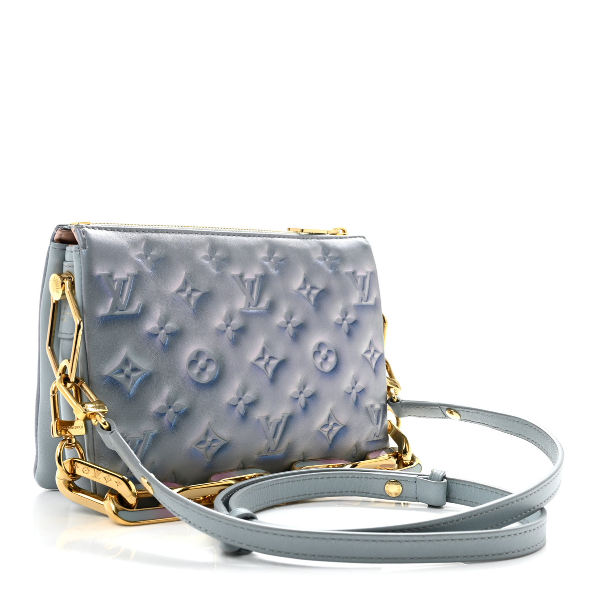 Metallic Lambskin Embossed Monogram Coussin BB Blue