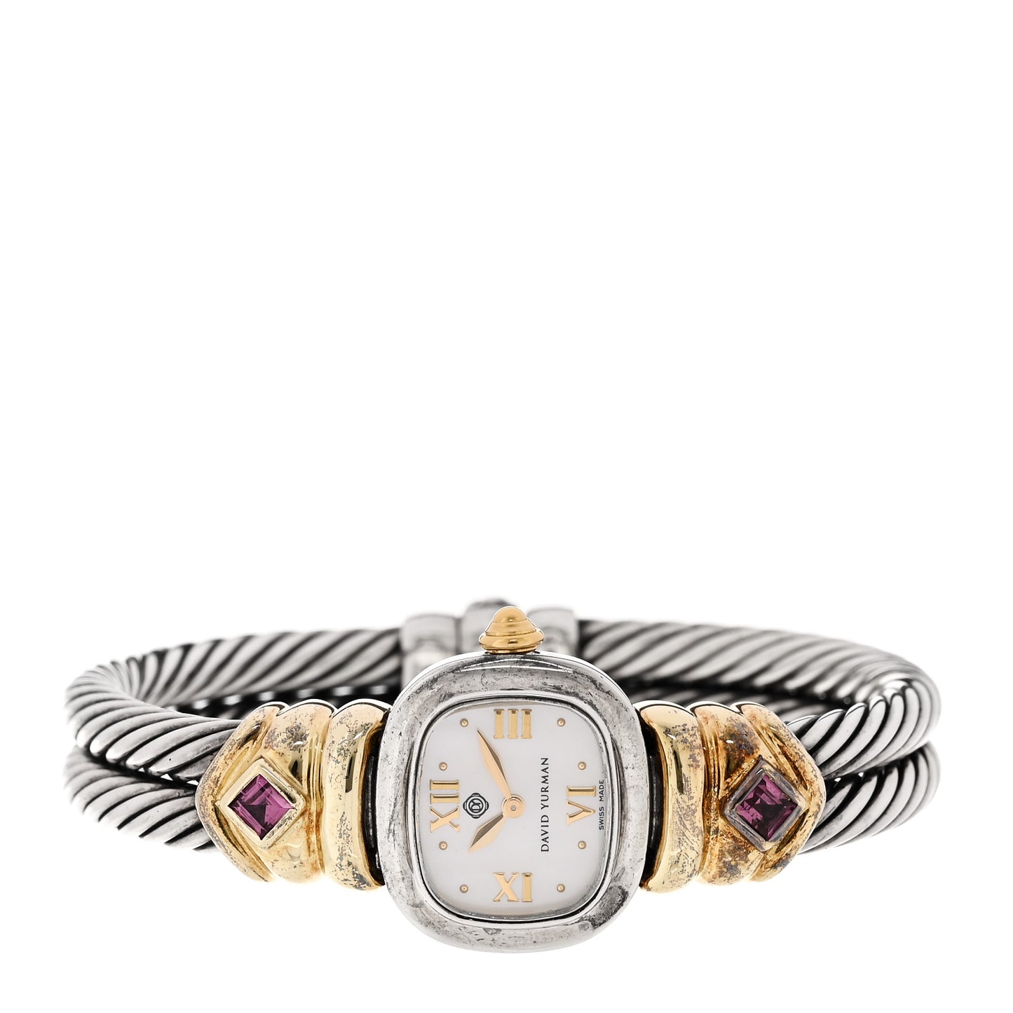Sterling Silver 14K Yellow Gold Mother of Pearl Garnet 21mm Classic Cable Quartz Watch