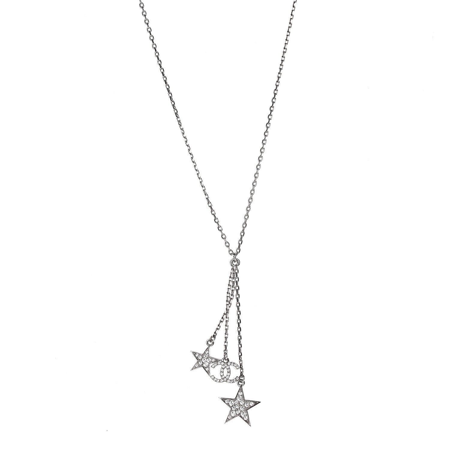 Chanel Crystal Glitter Enamel CC Star Drop Necklace Silver 1 of 4