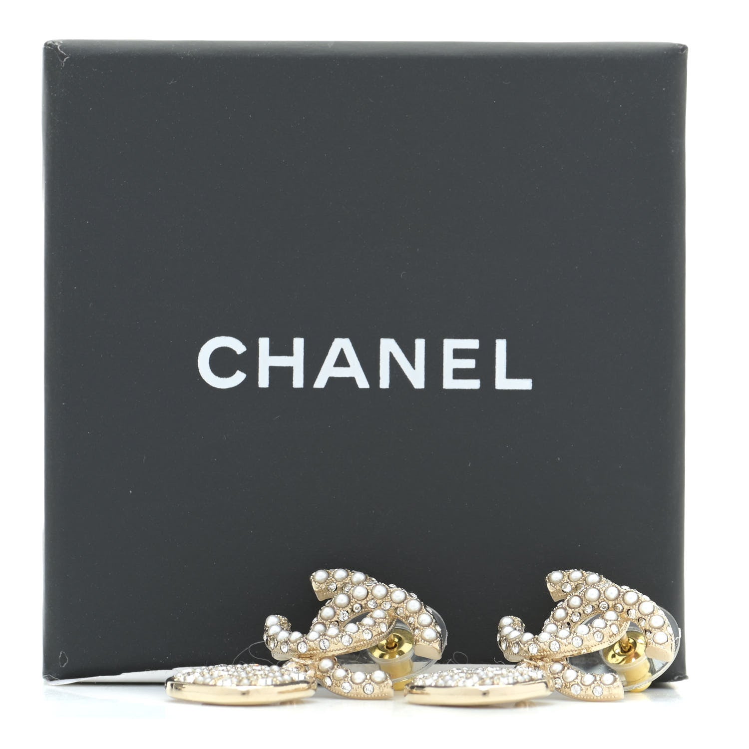 Chanel Pearl Baguette Crystal CC Drop Earrings Gold 5 of 5