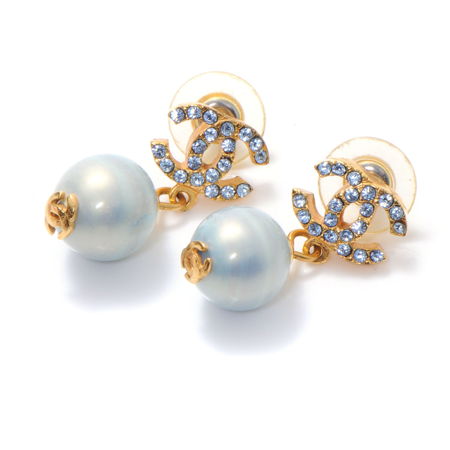 Chanel Swarovski Crystal CC Pearl Dangle Pierced Earrings Blue 1 of 3