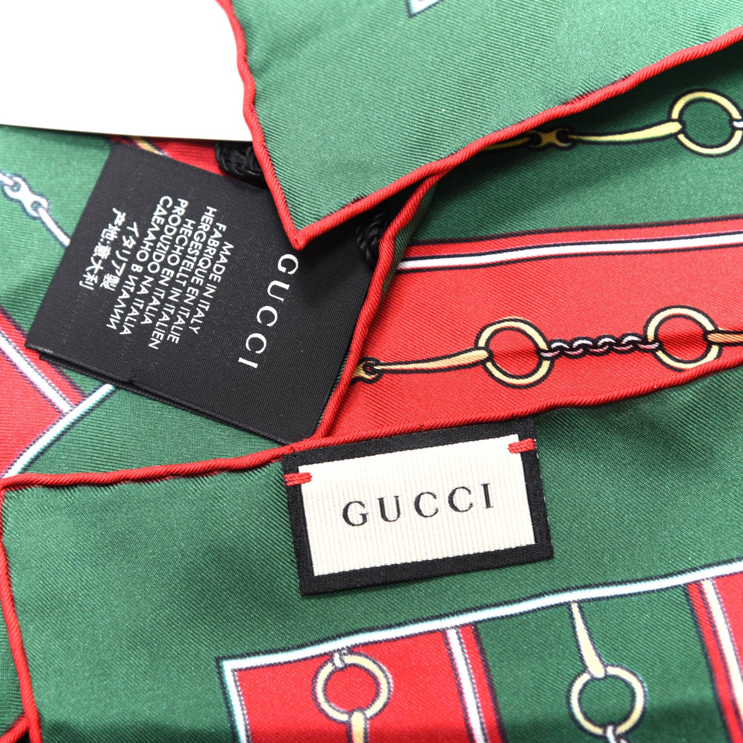 Silk Twill Horsebit Chain Print Pocket Square Handkerchief Green Red