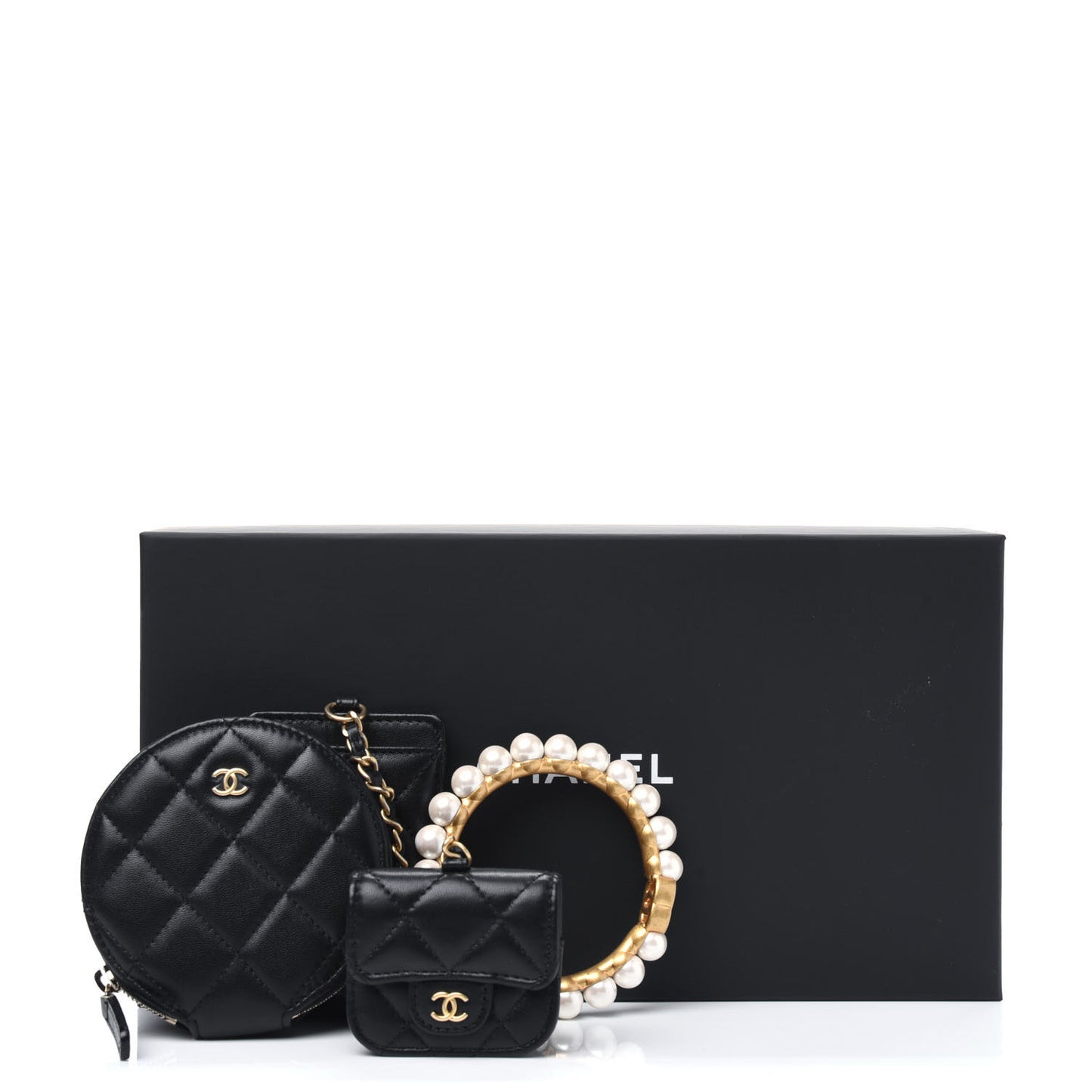 Pearl Lambskin Pearl Crown CC Wristlet Multi Pouches Black