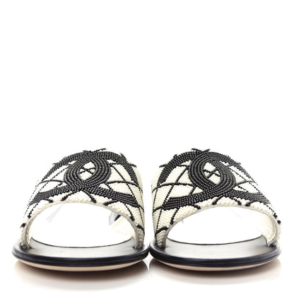 Chanel Pearl Embroidery Flat Sandals 38.5 White Black 2 of 11