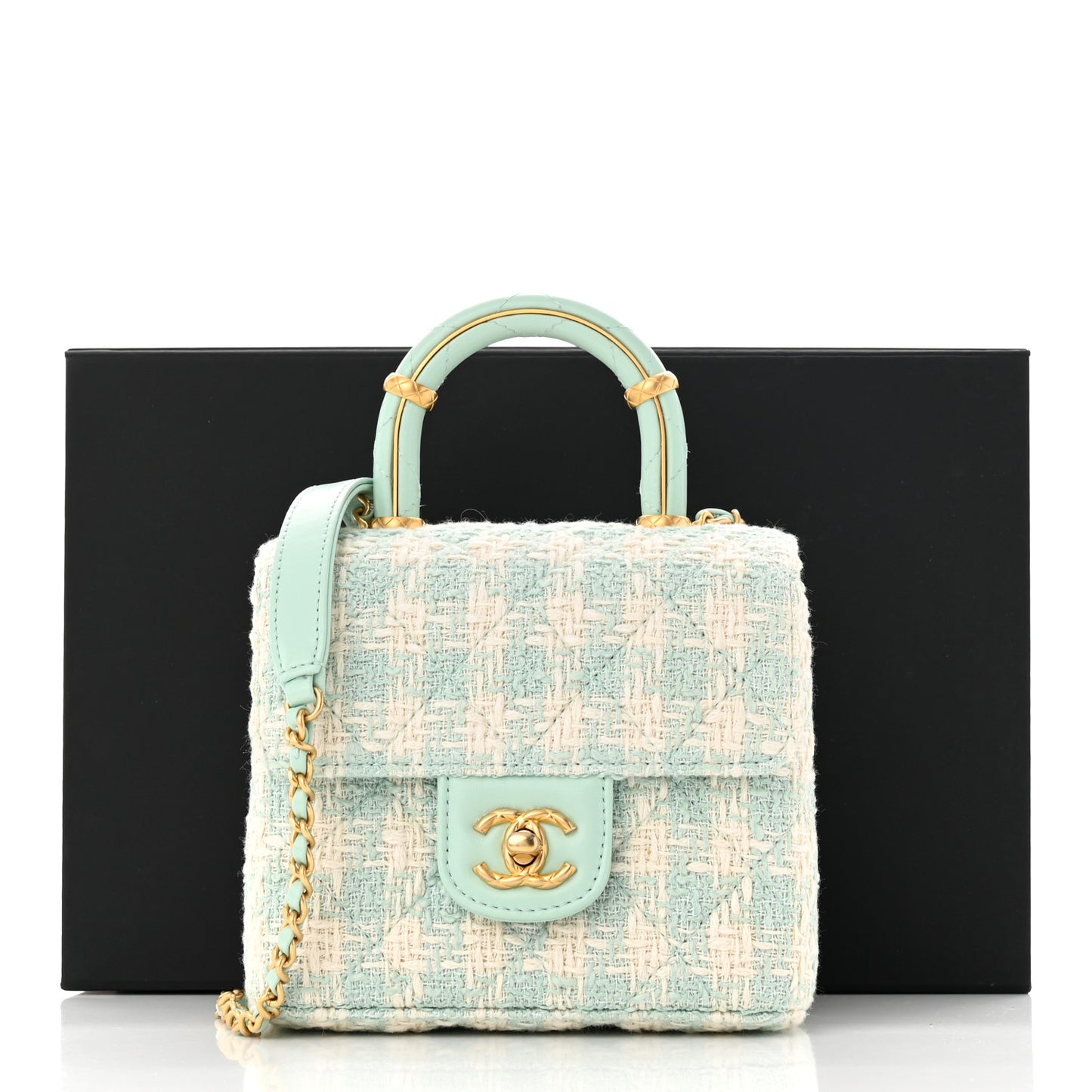 Tweed Handle Crush Top Handle Flap Bag Light Blue Ecru