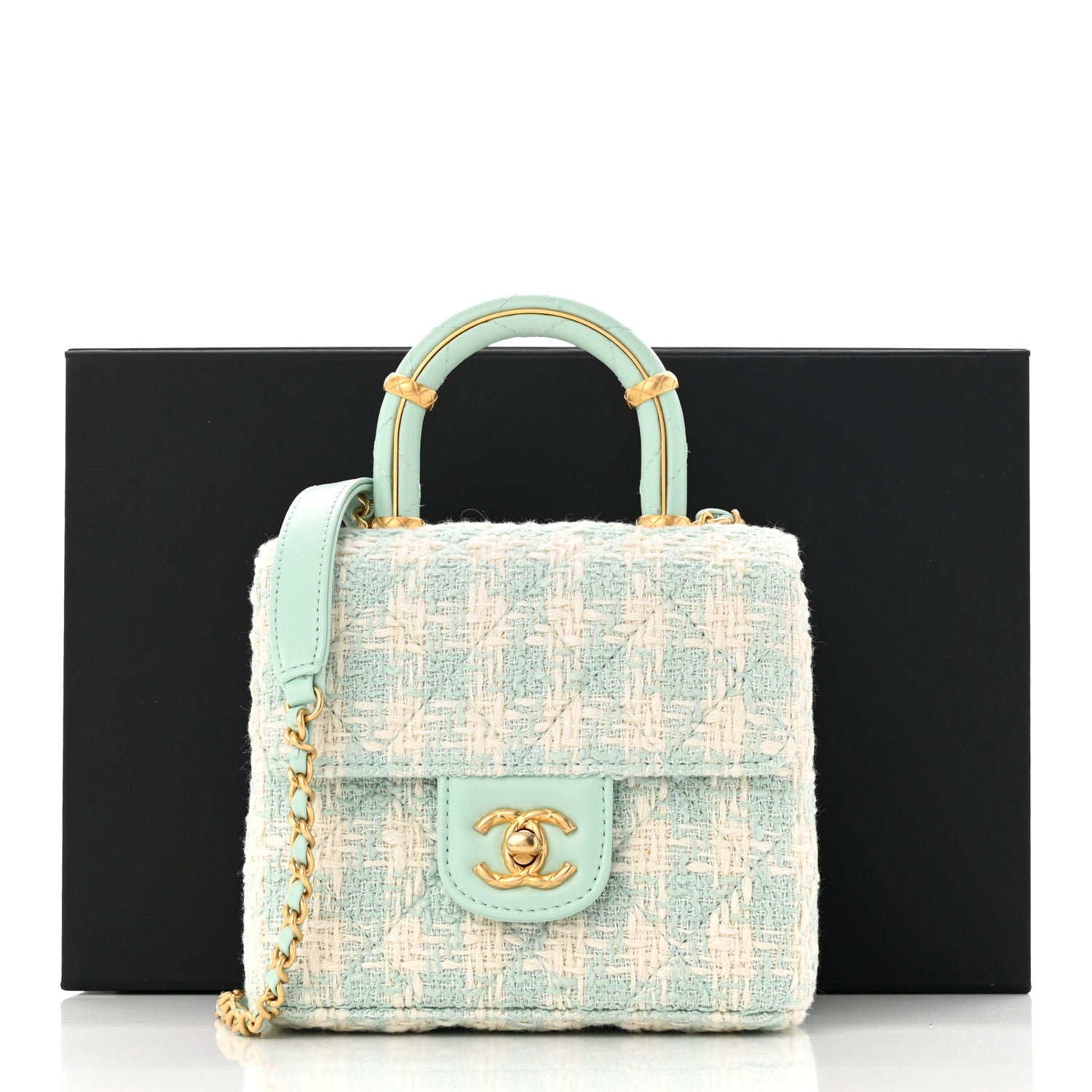 Chanel Tweed Handle Crush Top Handle Flap Bag Light Blue Ecru 11 of 11