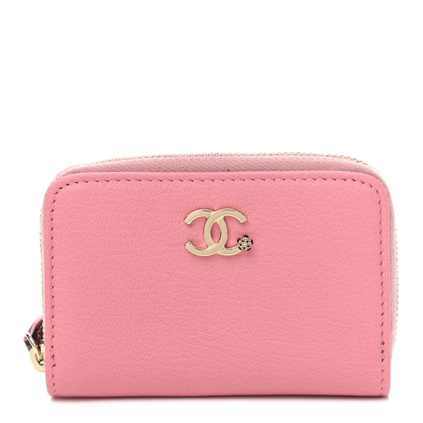 Goatskin Camellia Zip Coin Purse Pink