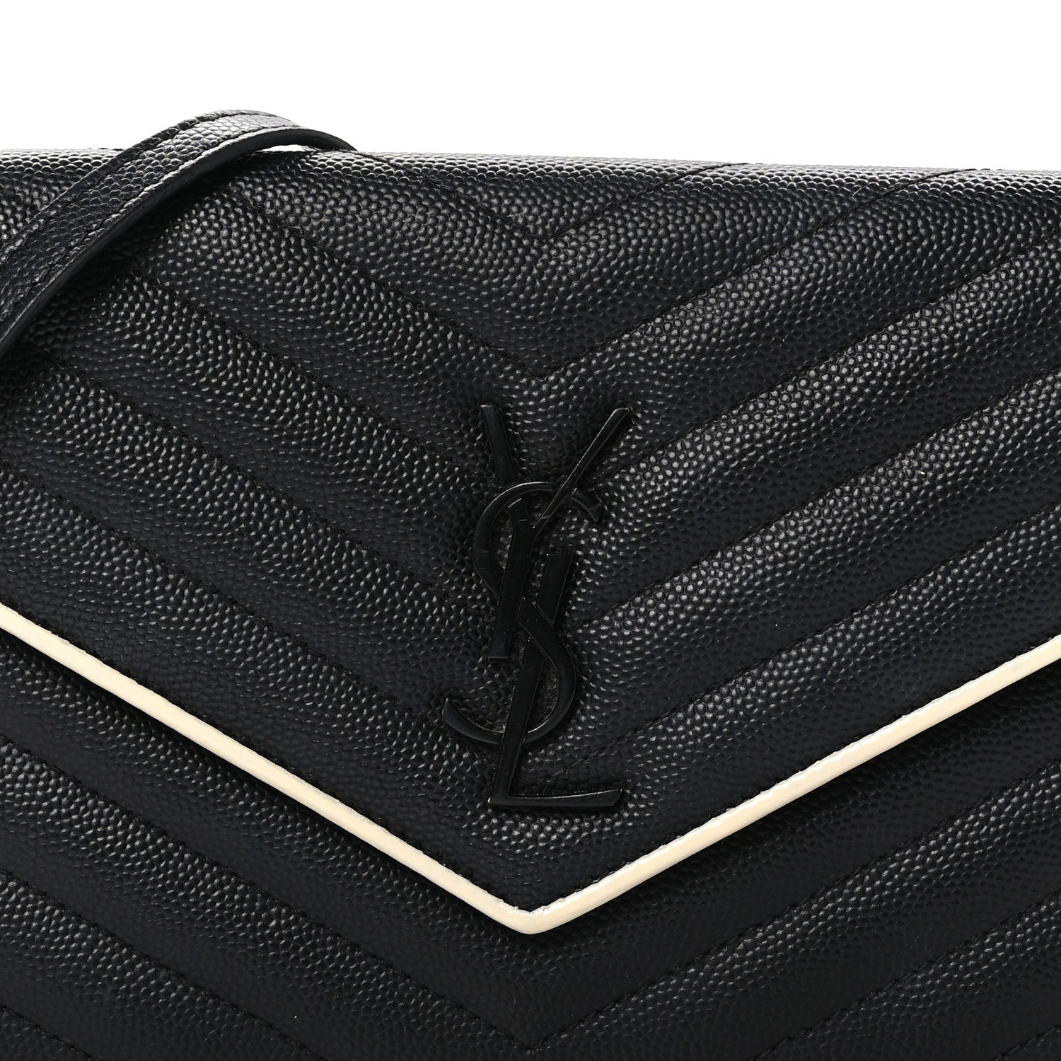 Saint Laurent Grain De Poudre Matelasse Chevron Monogram Envelope Chain Wallet Black White 8 of 10