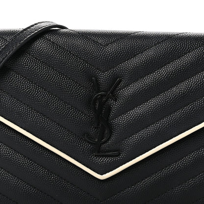 Saint Laurent Grain De Poudre Matelasse Chevron Monogram Envelope Chain Wallet Black White 8 of 10
