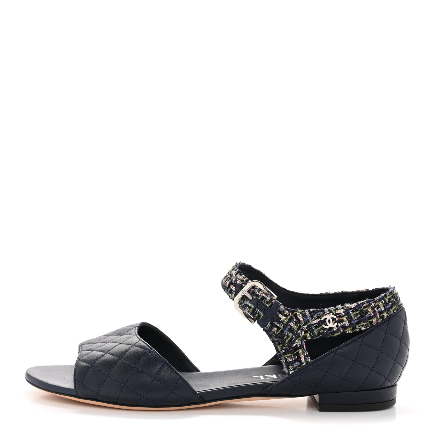 Chanel Tweed Lambskin Sandals 40 Green Navy Silver 1 of 9