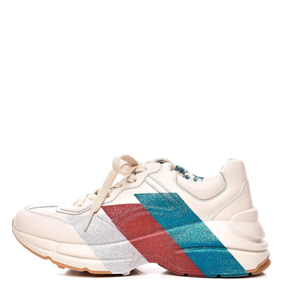 Gucci Calfskin Glitter Web Print Womens Rhyton Sneakers 37.5 Mystic White 1 of 8