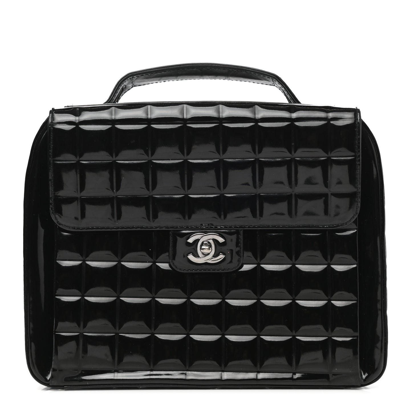 Patent Quilted Chocolate Bar Top Handle Bag Black