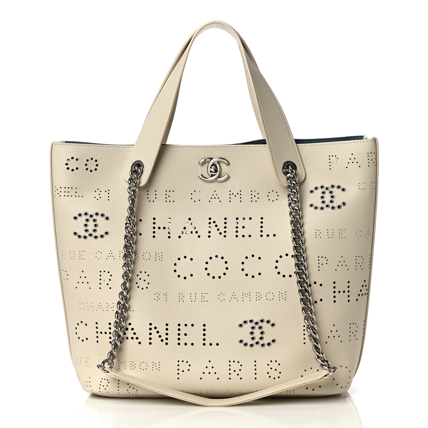 Chanel Calfskin Tweed Small Logo Eyelets Shopping Tote Beige 4 of 13