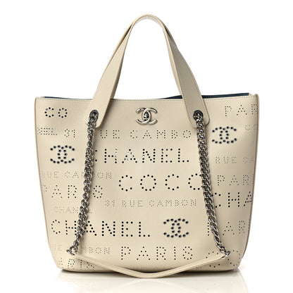 Chanel Calfskin Tweed Small Logo Eyelets Shopping Tote Beige 4 of 13