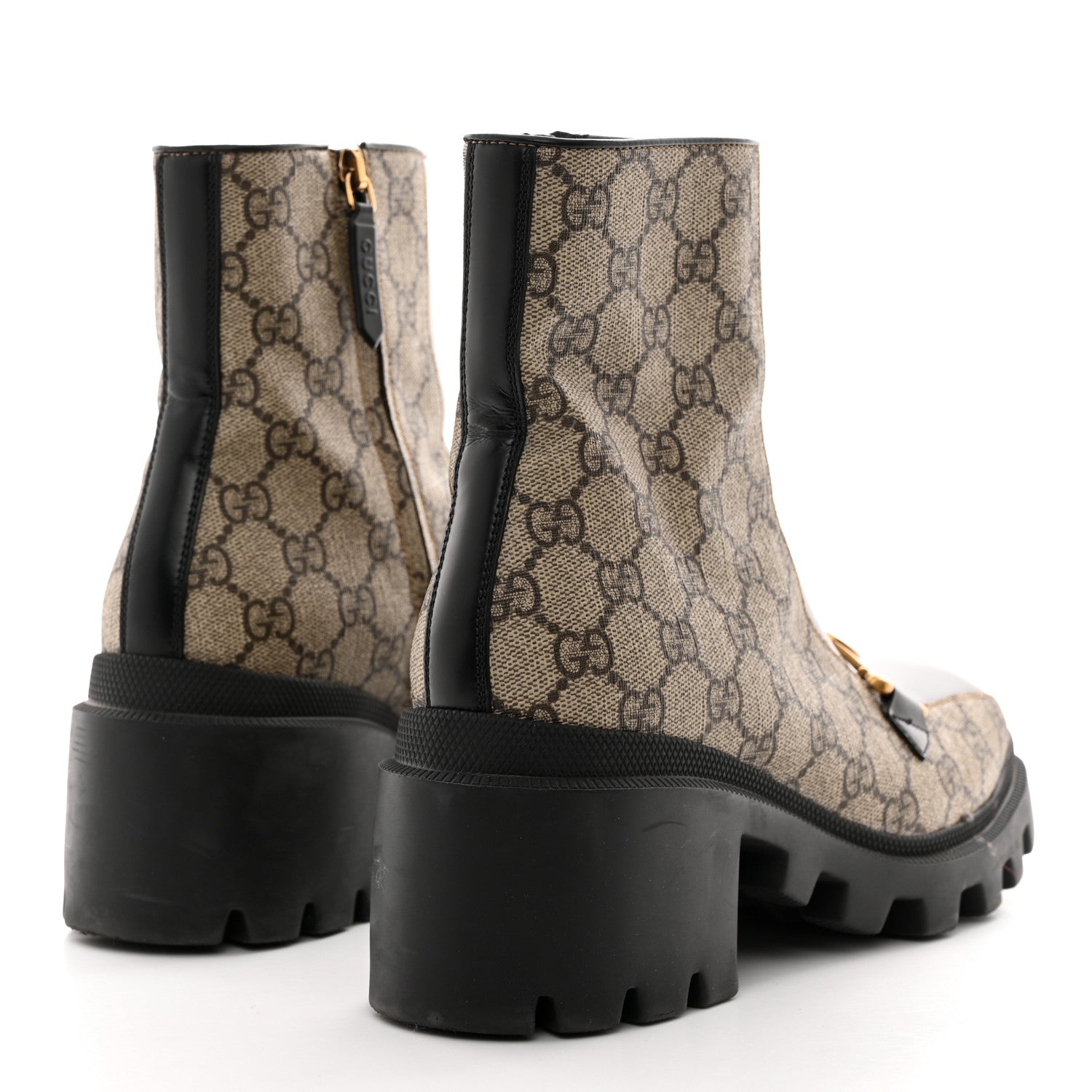 Gucci GG Supreme Monogram Magnum Calfskin Interlocking G Womens Lug Sole Ankle Boots 39 Beige Ebony Black 4 of 9