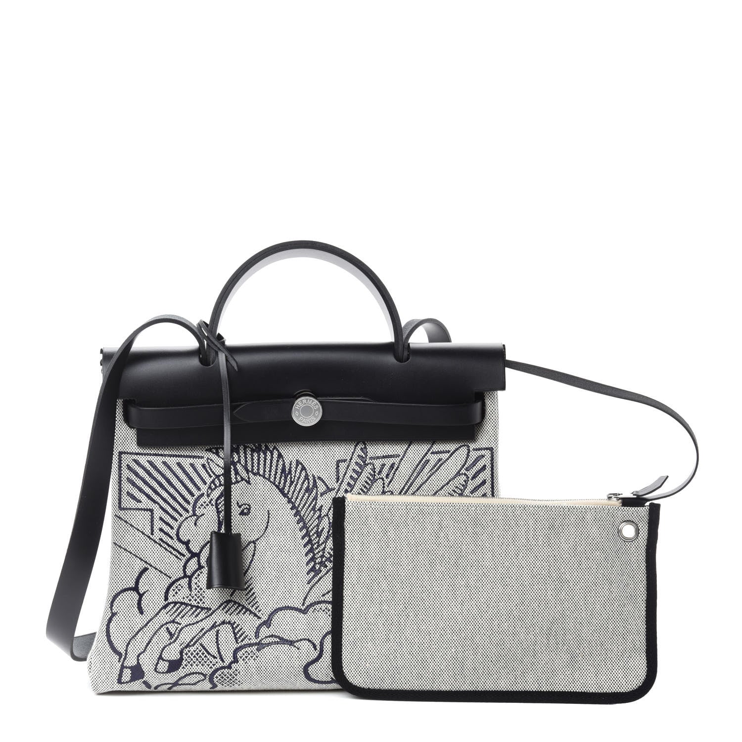 Hermes Vache Hunter Toile H Pegase Pop Herbag Zip Retourne 31 PM Bleu Indigo Ecru Black 1 of 11
