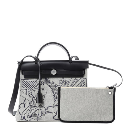 Hermes Vache Hunter Toile H Pegase Pop Herbag Zip Retourne 31 PM Bleu Indigo Ecru Black 1 of 11