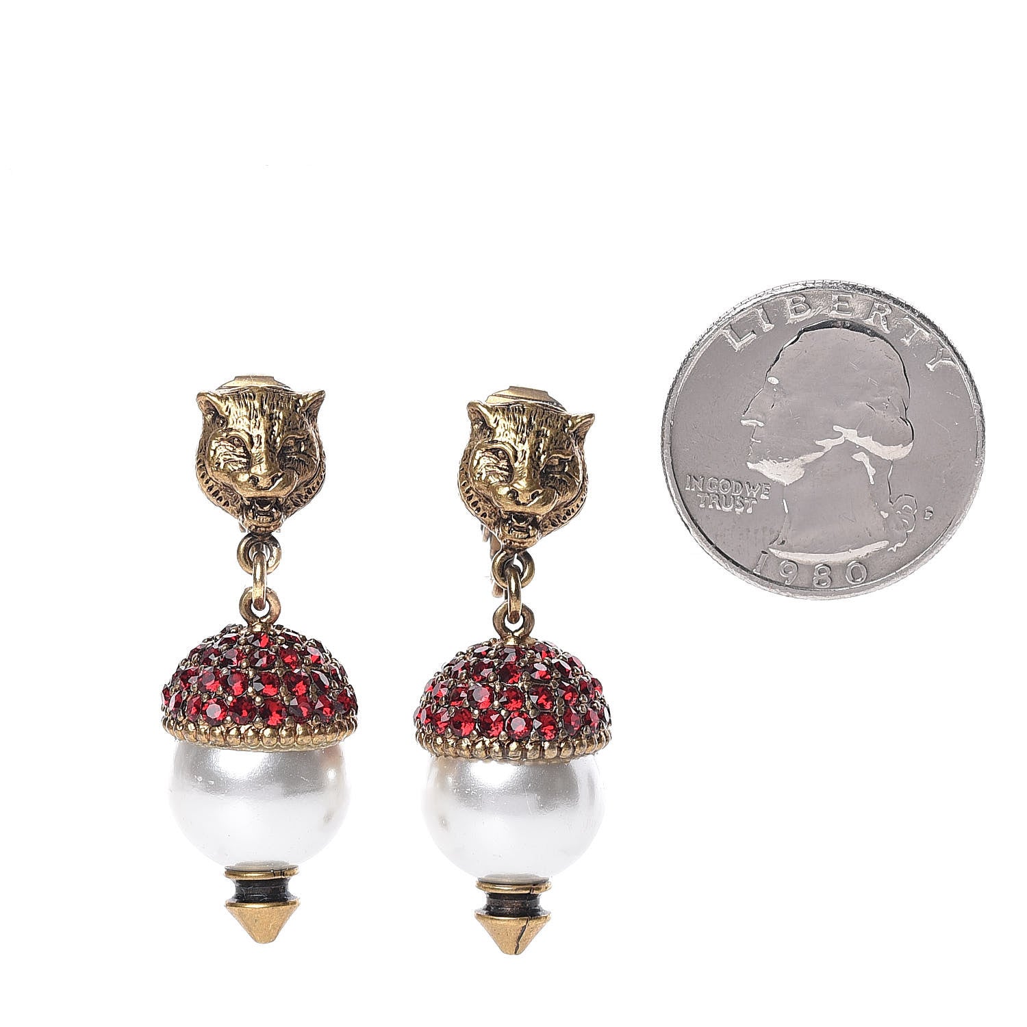 Gucci Metal Crystal Pearl Feline Earrings Aged Gold 2 of 4