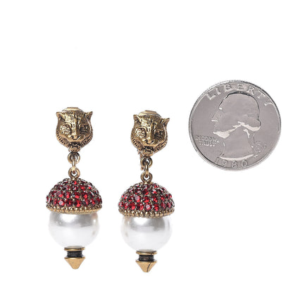 Gucci Metal Crystal Pearl Feline Earrings Aged Gold 2 of 4