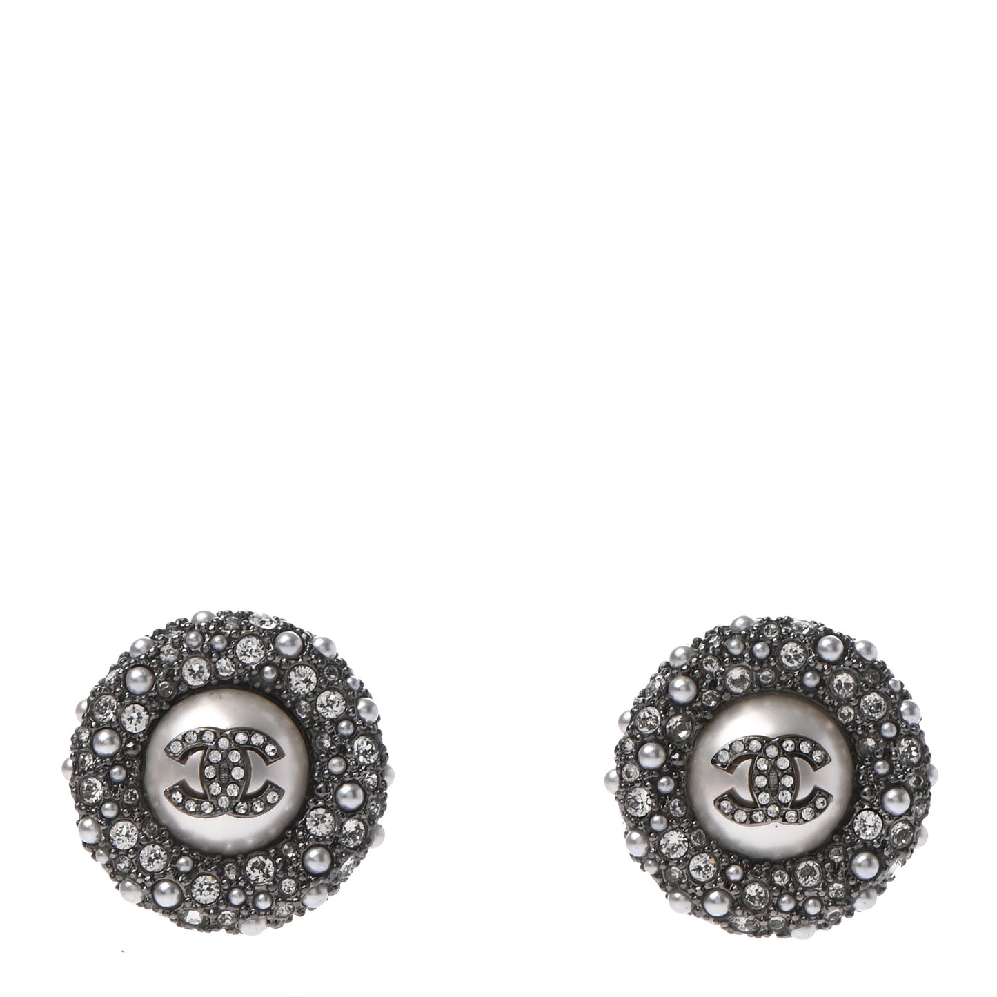 Pearl Crystal Round CC Earrings Silver
