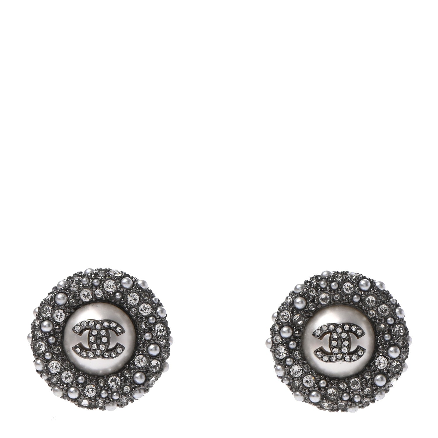 Chanel Pearl Crystal Round CC Earrings Silver 1 of 4
