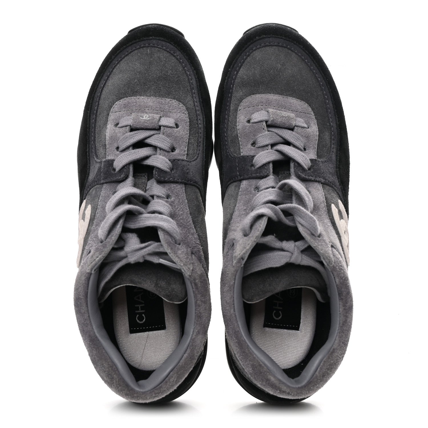 Chanel Suede Calfskin CC Sneakers 36.5 Black Grey 2 of 9