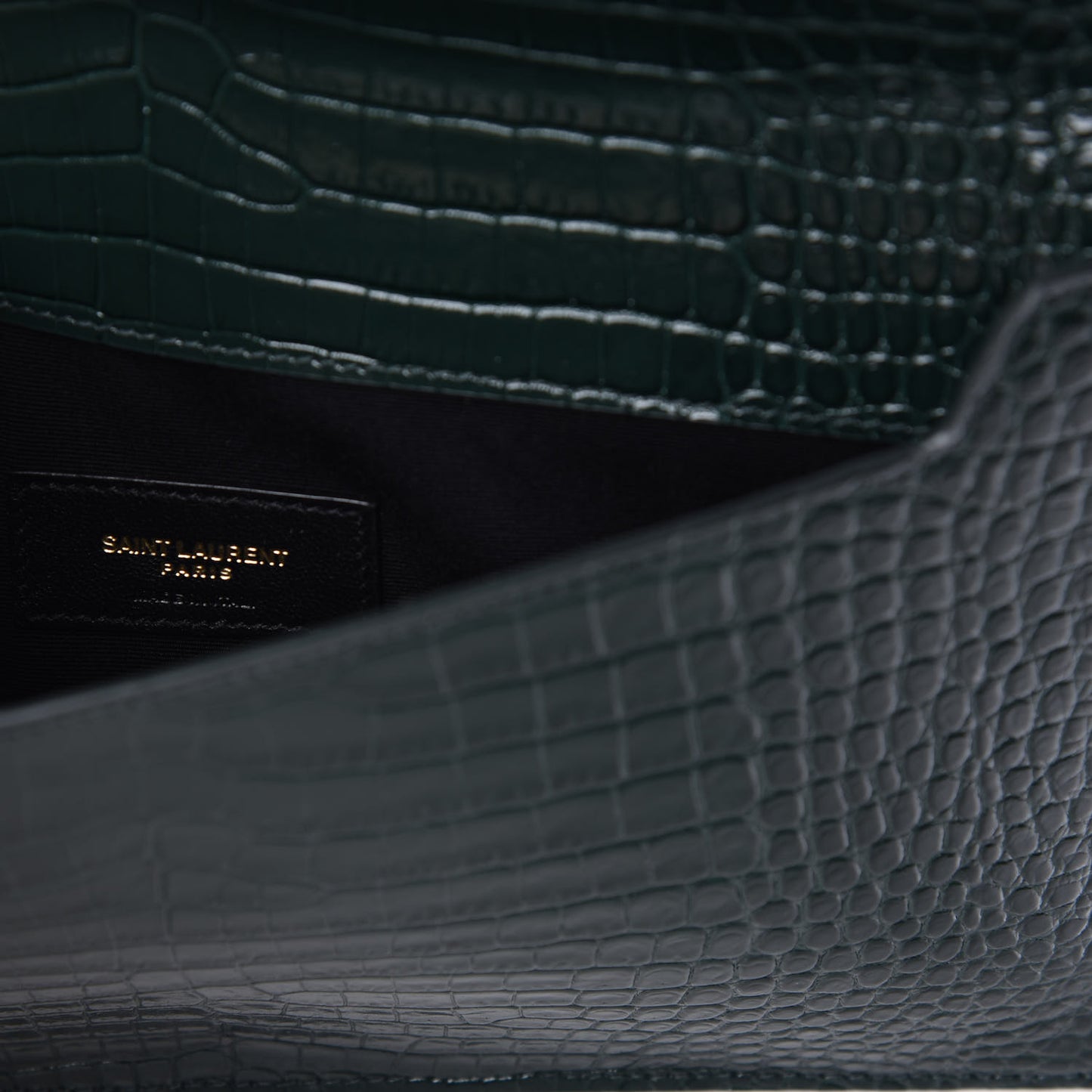 Calfskin Crocodile Embossed Uptown Monogram Clutch Dark Green