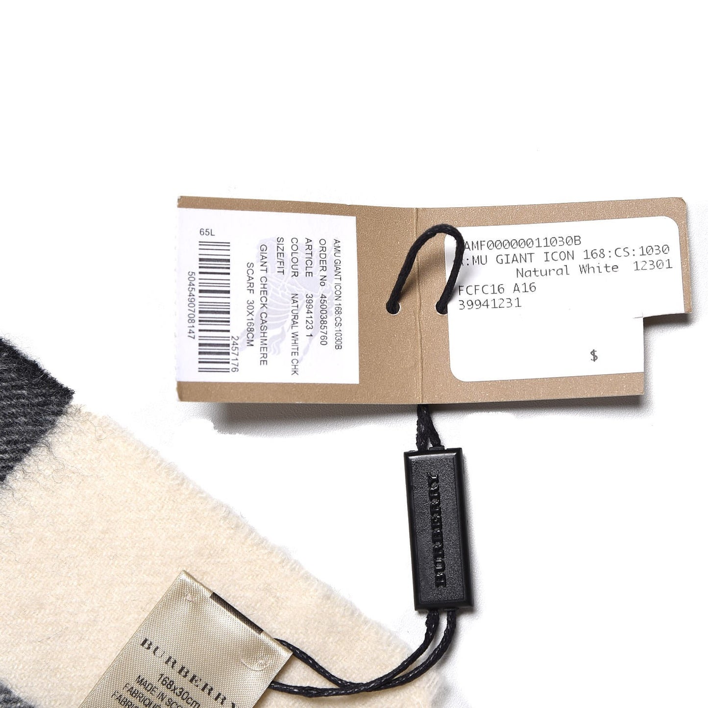 Cashmere Giant Check Fringe Scarf Natural White
