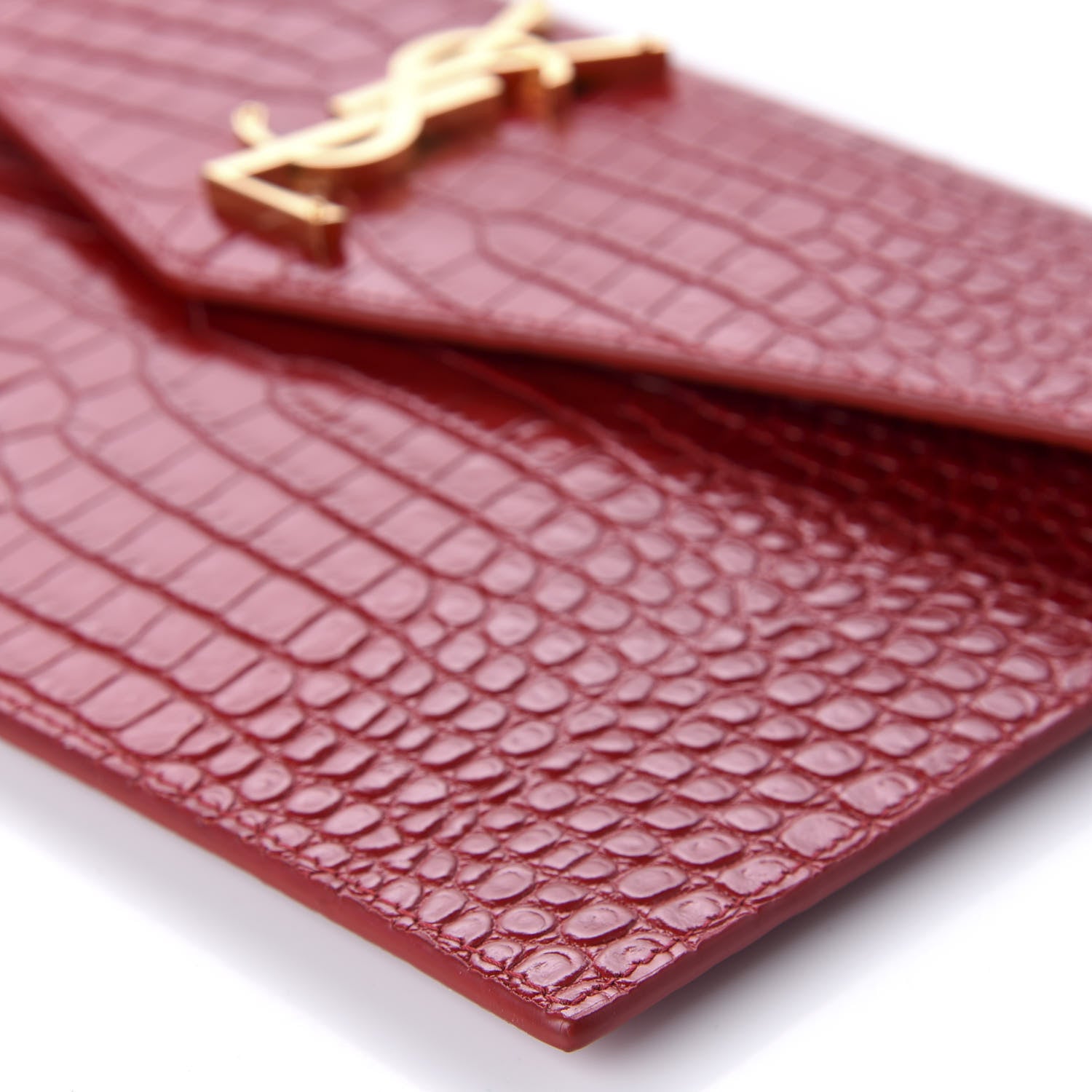 Saint Laurent Calfskin Crocodile Embossed Uptown Monogram Clutch Rouge Eros 7 of 9