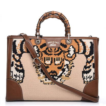Gucci Embroidered Large Bamboo Shopper Tote Brown 1 of 8