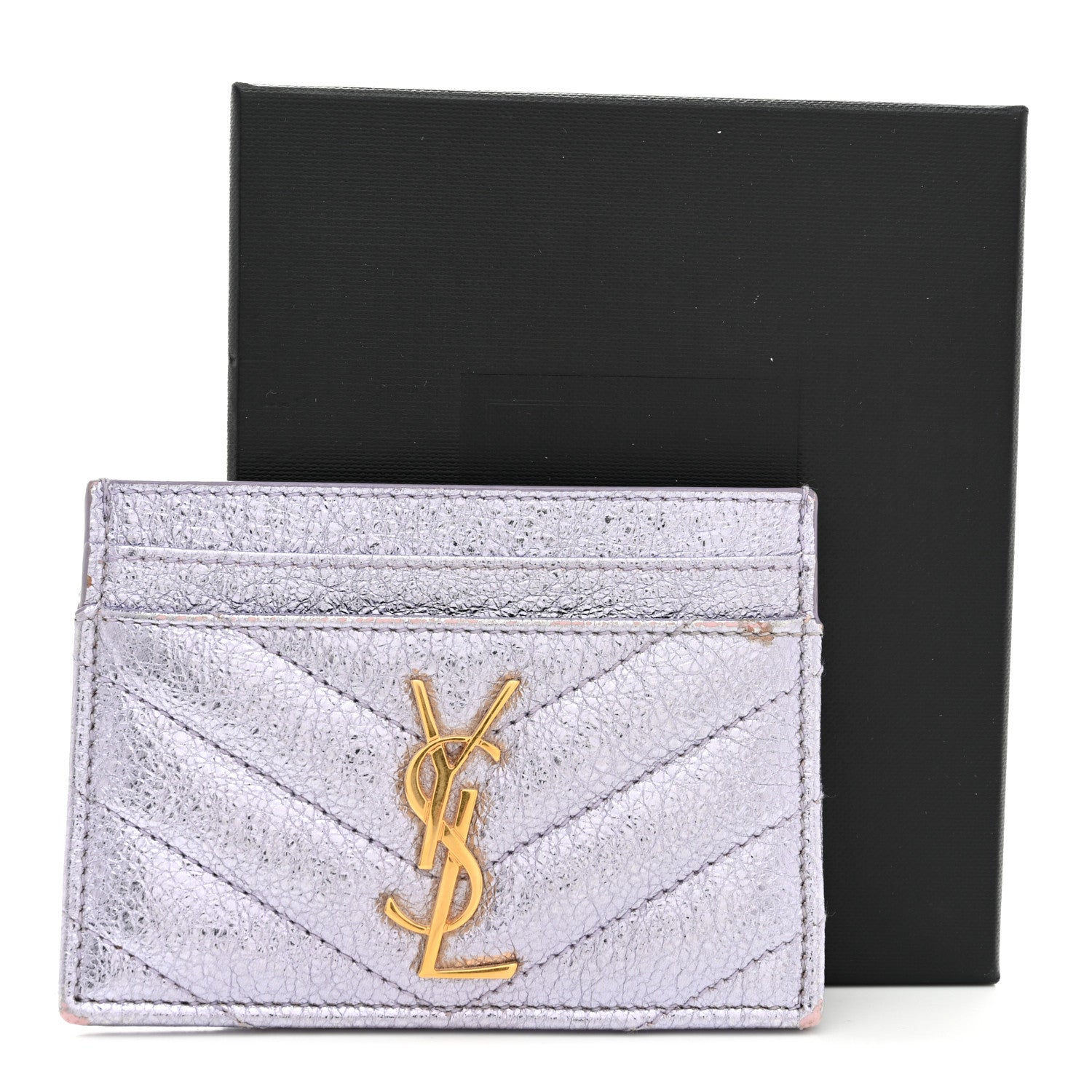 Saint Laurent Metallic Crackled Calfskin Matelasse Chevron Monogram Credit Card Case Silver 9 of 9