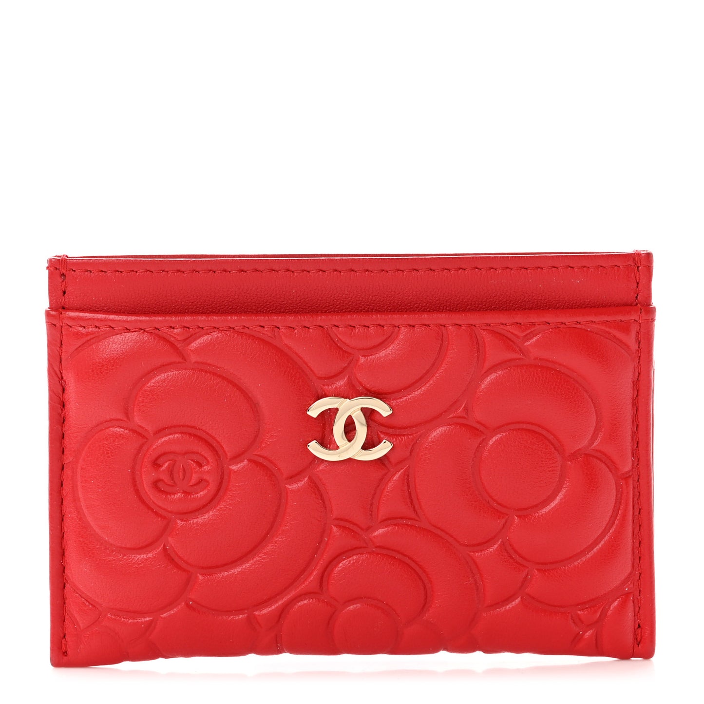 Lambskin Camellia Embossed Card Holder Red