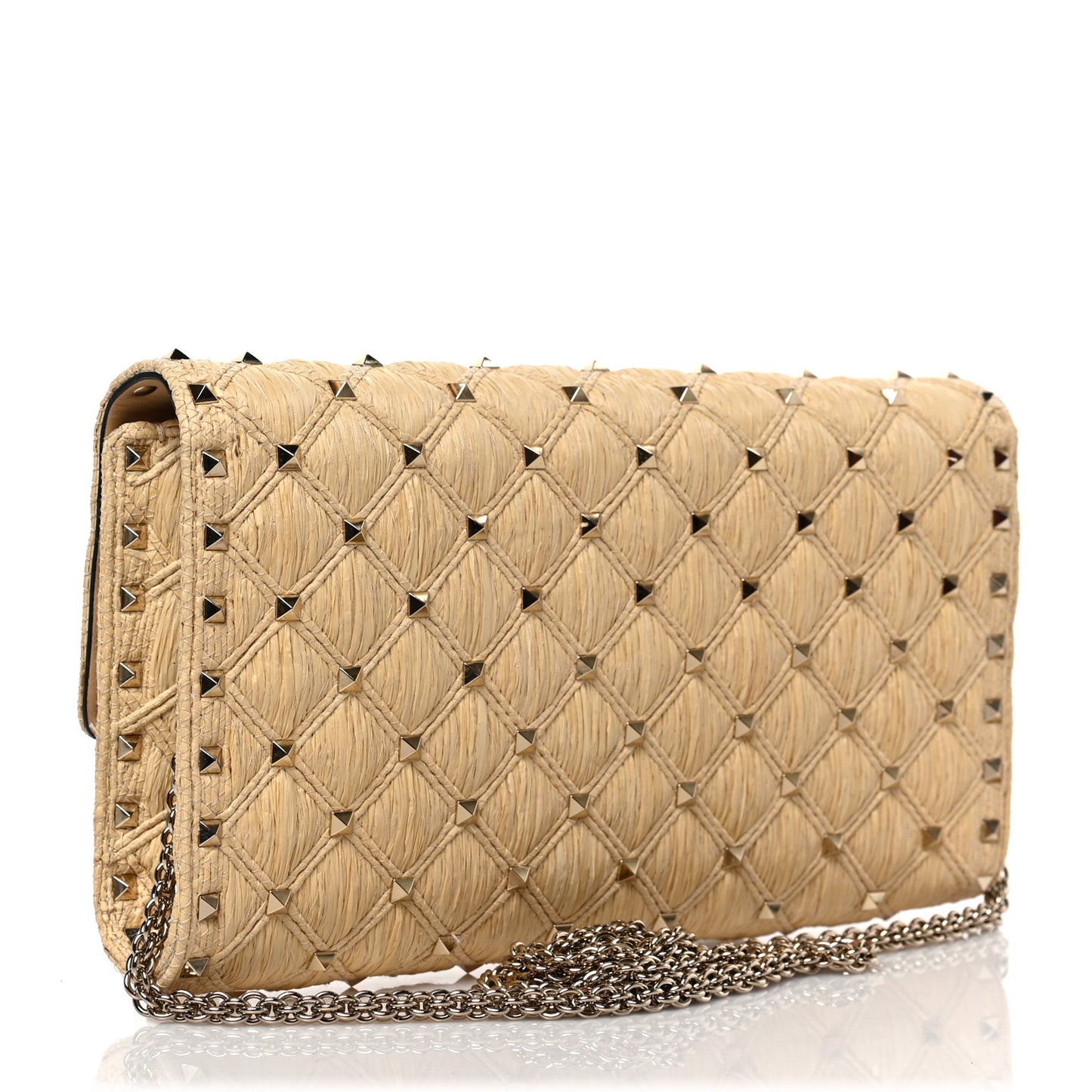 Raffia Lambskin Rockstud Spike Wallet on Chain Naturale