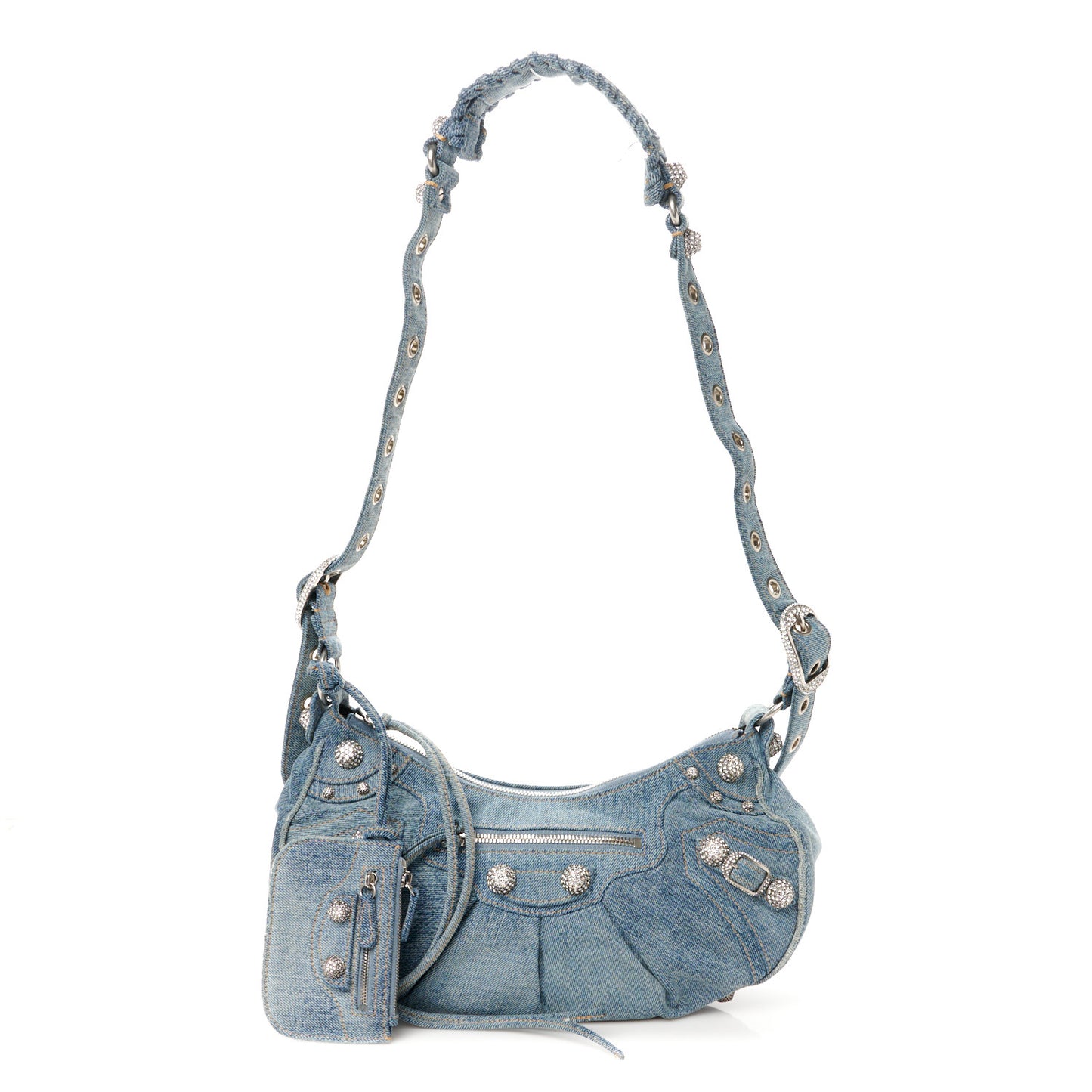 Washed Frayed Denim Crystal Small Le Cagole Shoulder Bag Blue