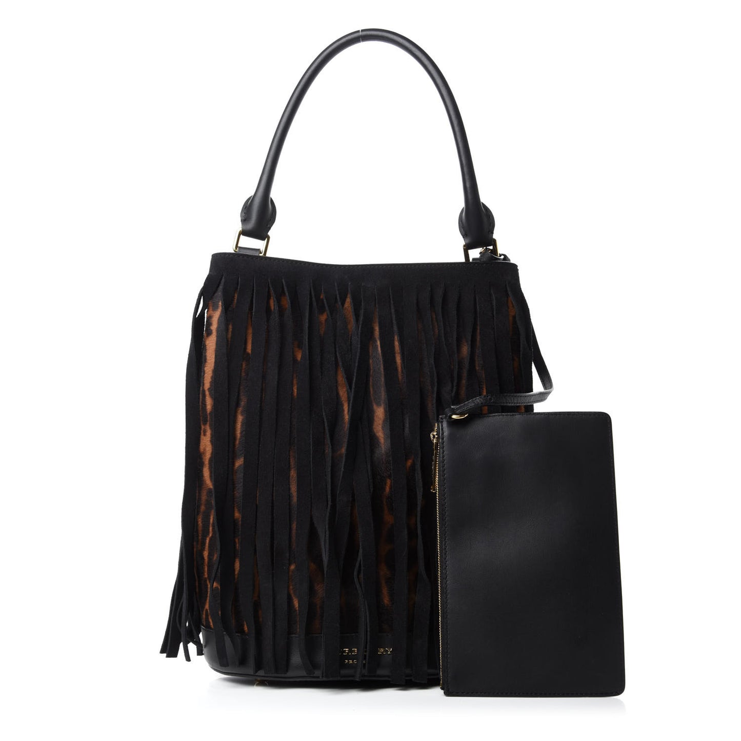 Prorsum Suede Calf Hair Animal Print Fringe Bucket Bag Dark Camel