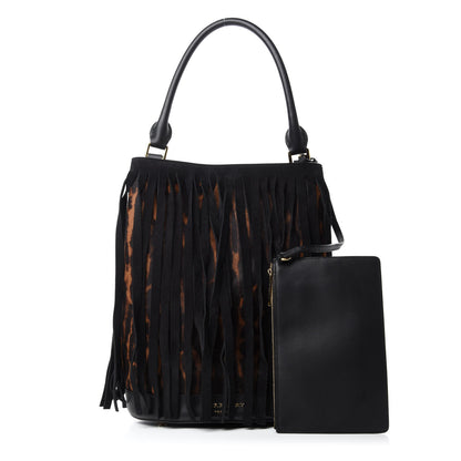 Burberry Prorsum Suede Calf Hair Animal Print Fringe Bucket Bag Dark Camel 1 of 10