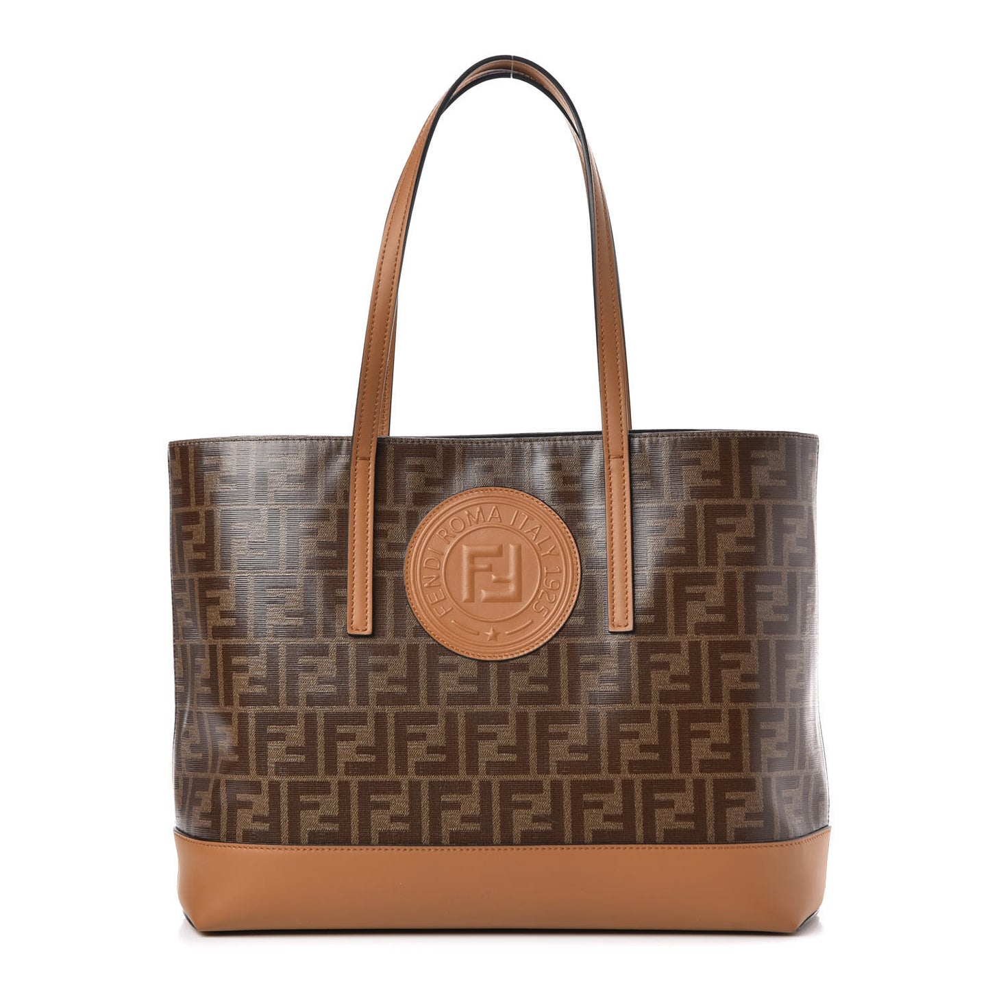 Glazed Fabric Vitello Century FF 1974 Stamp Patch Shopping Tote Mogano Panna Caramello