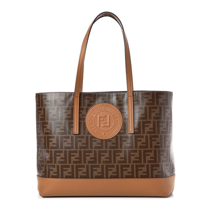 Fendi Glazed Fabric Vitello Century FF 1974 Stamp Patch Shopping Tote Mogano Panna Caramello 1 of 7