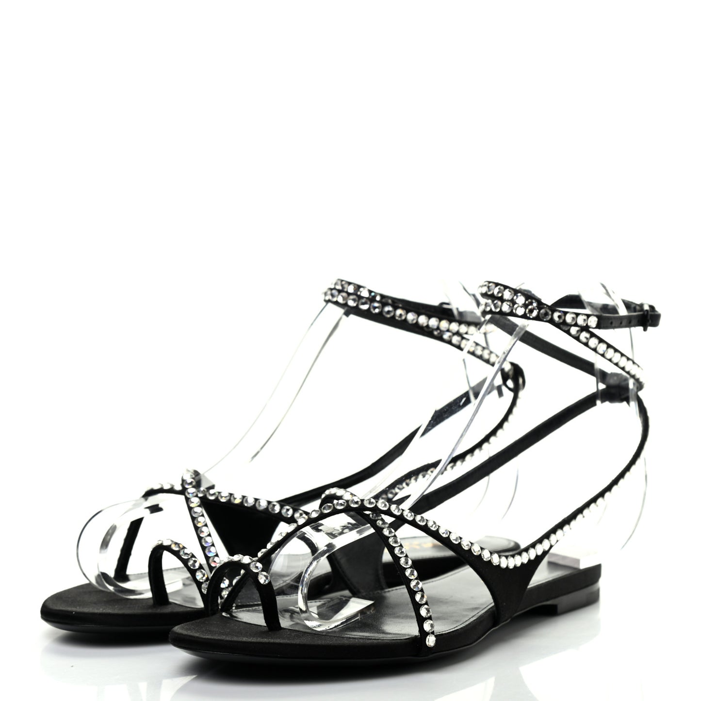 Satin Crystal Gia Ankle Strap Sandals 38.5 Black
