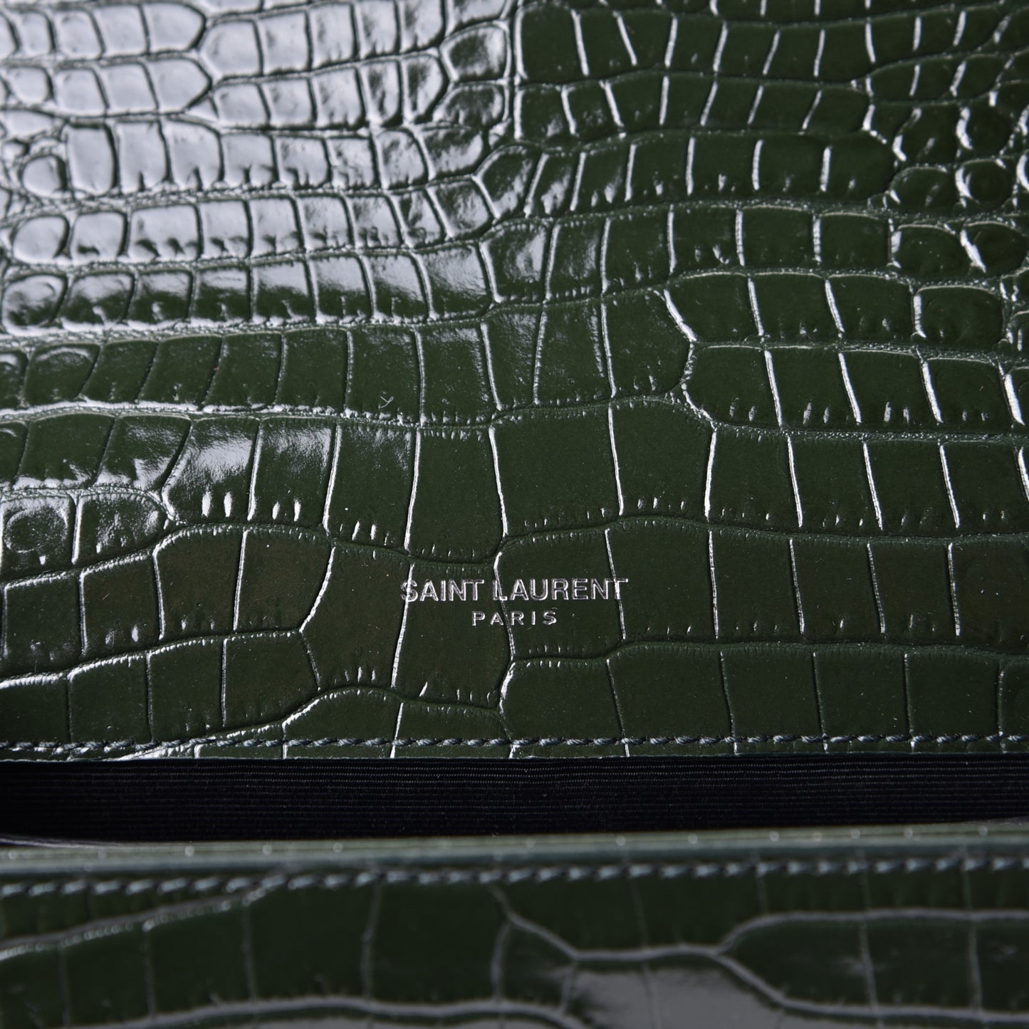 Calfskin Crocodile Embossed Small Classic Monogram Kate Tassel Satchel Dark Green