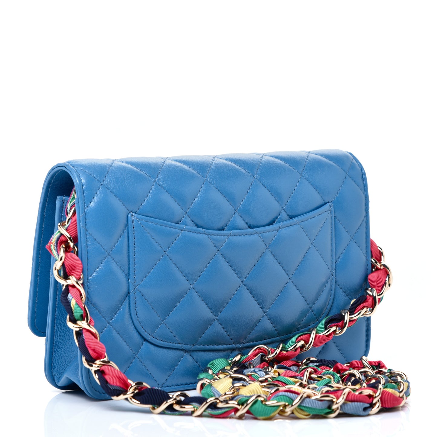 Shiny Lambskin Quilted Ribbon Wallet On Chain WOC Blue