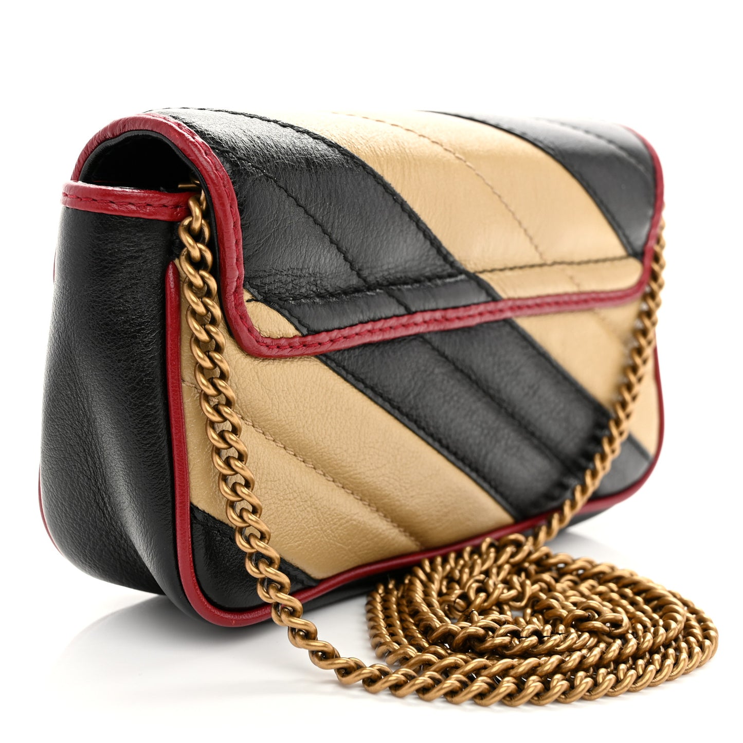 Vintage Effect Calfskin Matelasse Diagonal Striped Super Mini Torchon GG Marmont Shoulder Bag Black Beige