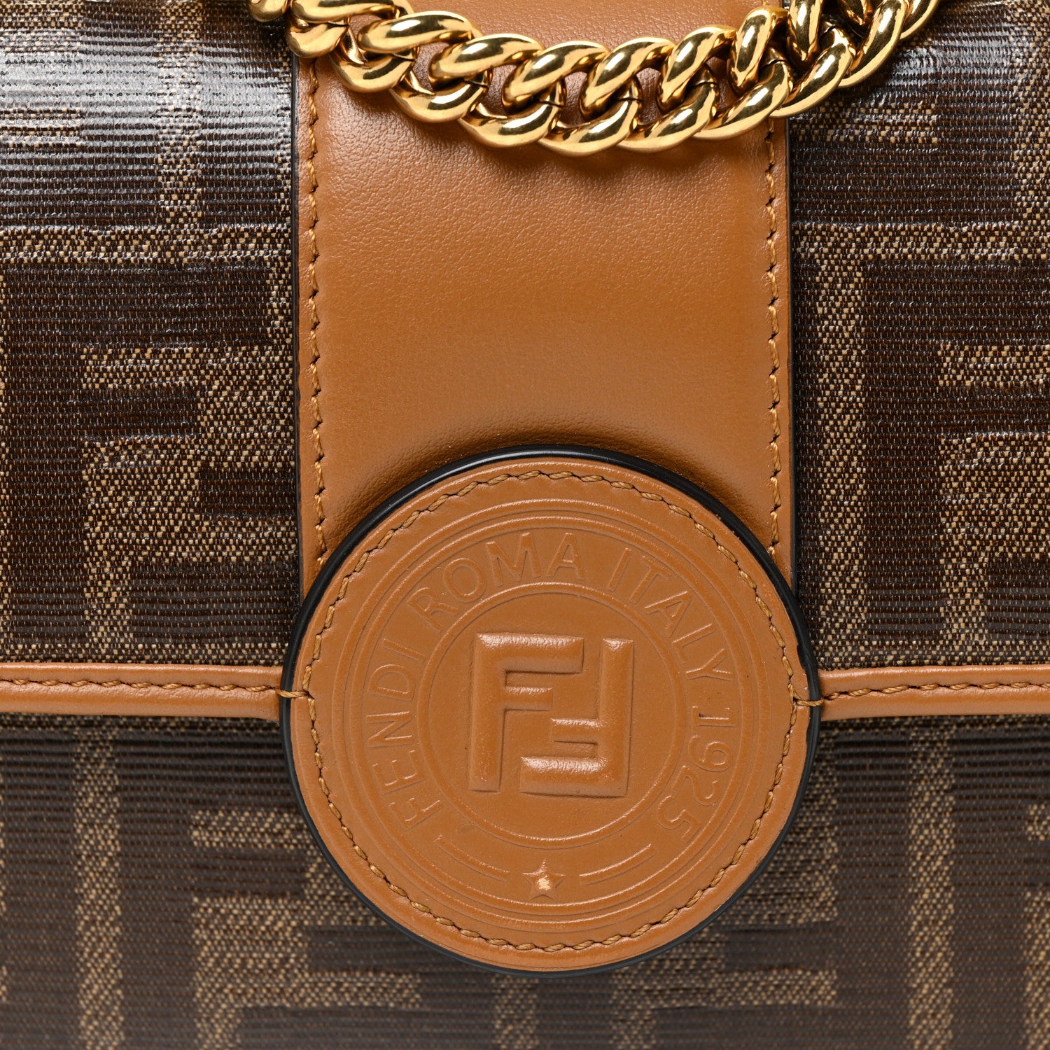 Fendi Glazed Fabric Vitello Century FF 1974 Stamp Patch Mini Double F Crossbody Bag Mogano Panna Caramello 7 of 12