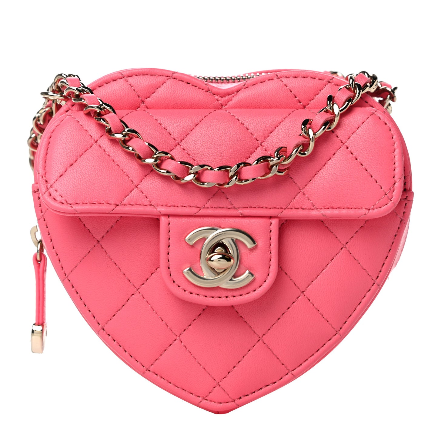 Lambskin Quilted CC In Love Heart Clutch With Chain Pink