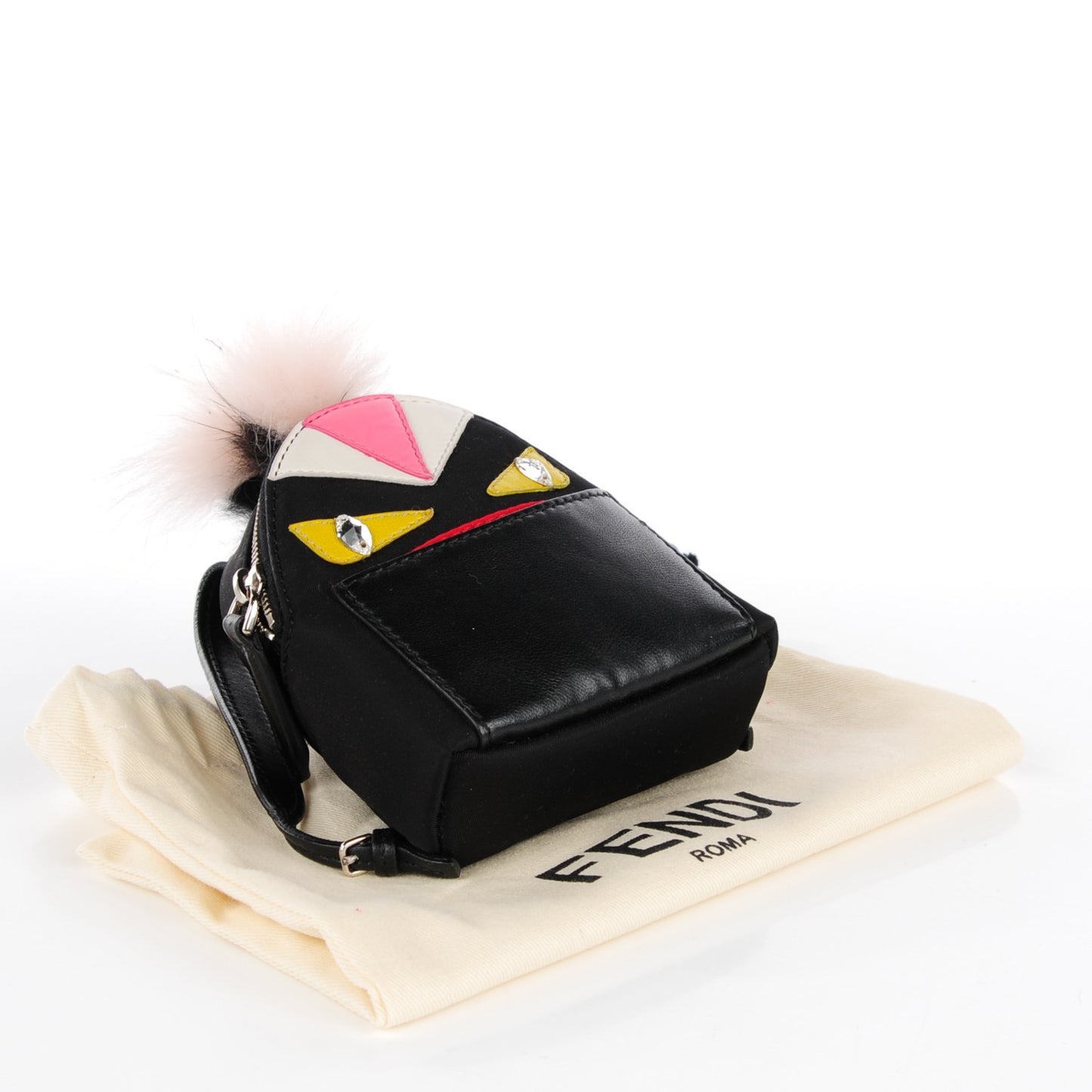 Nylon Shiny Nappa Nutria Fox Fur Monster Eyes Mini Backpack Charm Black Multicolor