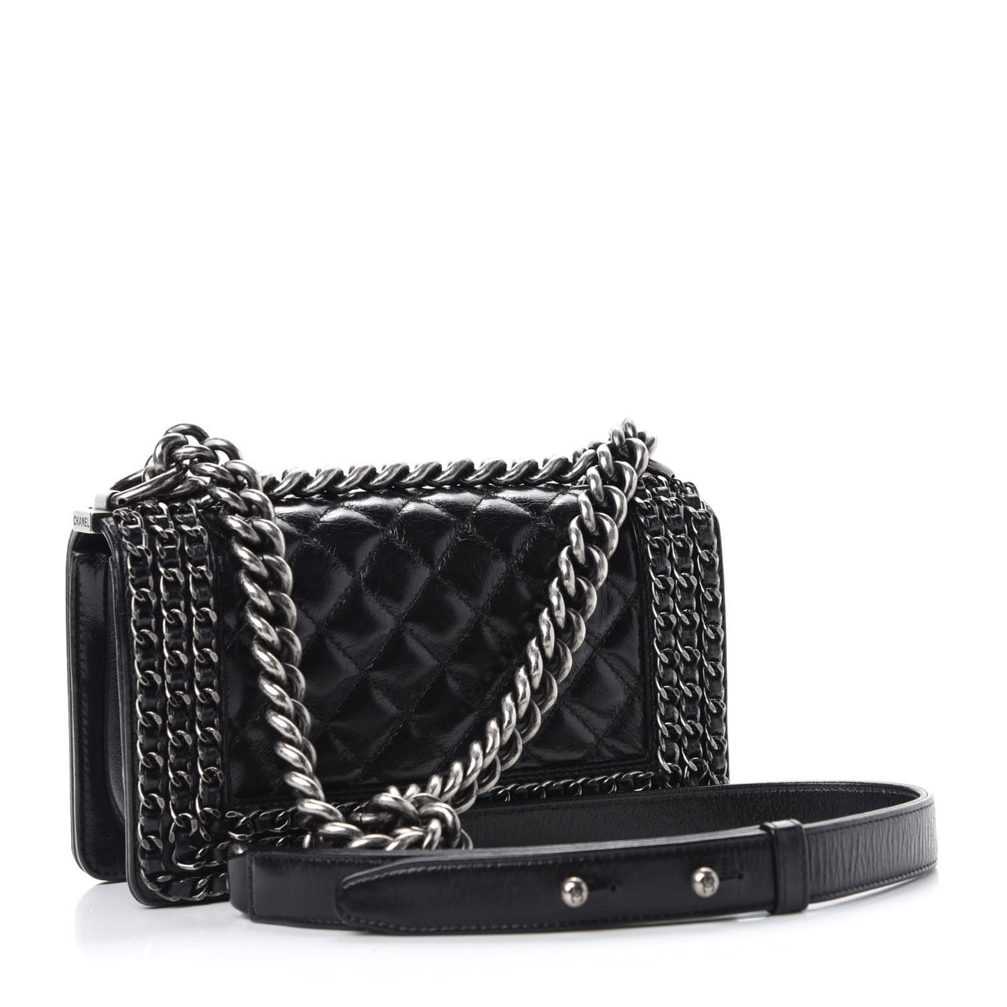 Glazed Calfskin Quilted Small Boy Chained Flap Black