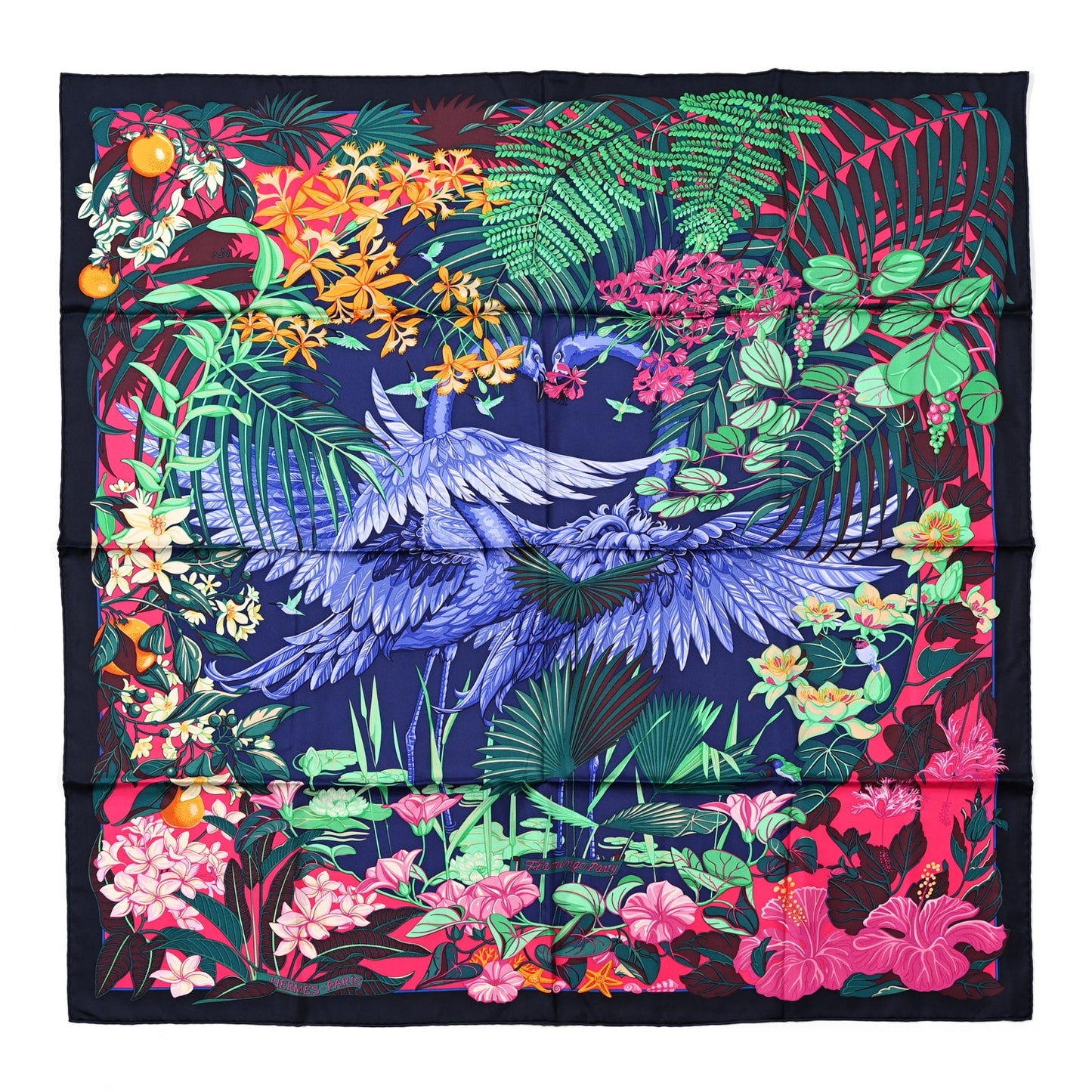 Silk Flamingo Party Scarf 90 Caban Vert Rose Vif