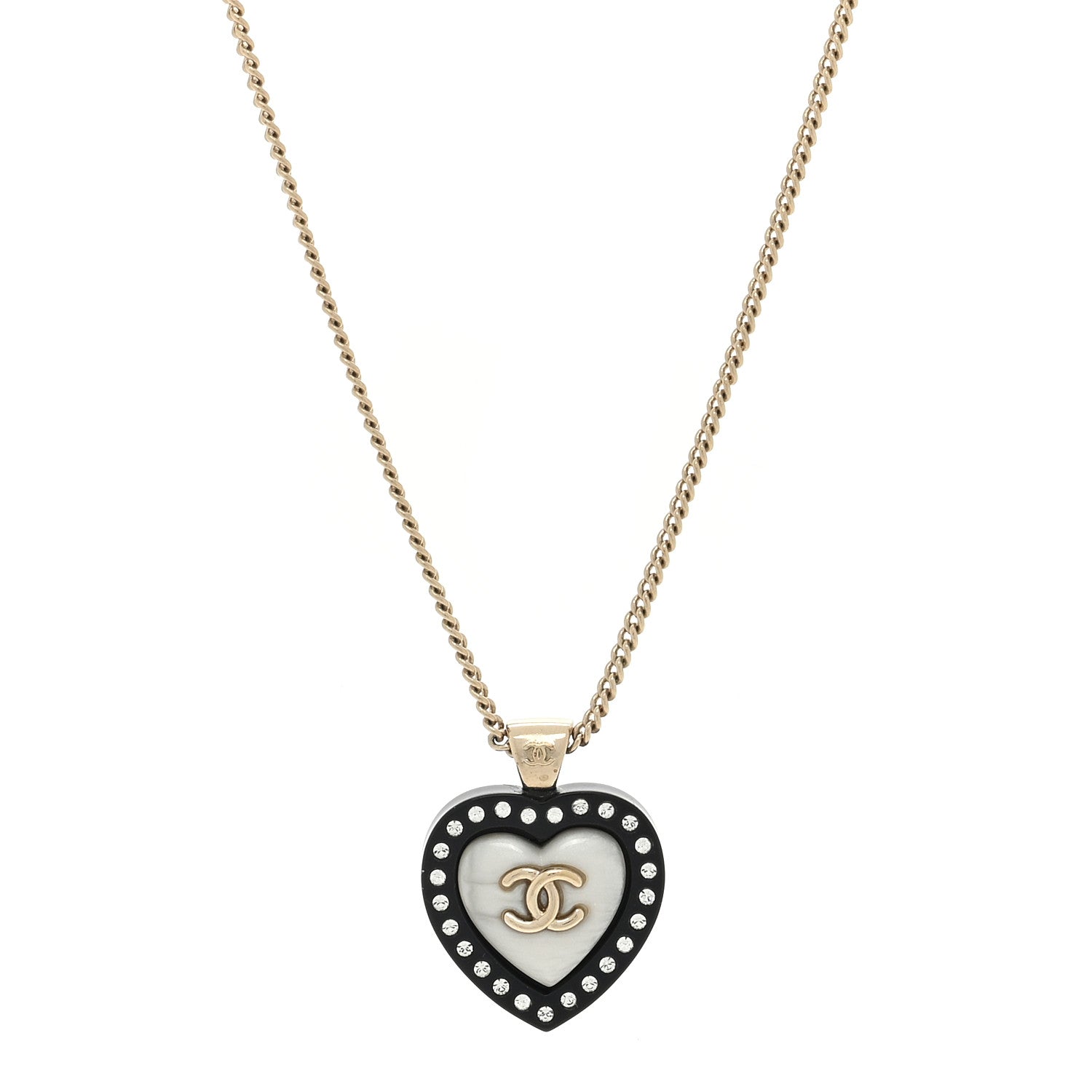 Chanel Pearl Crystal CC Heart Necklace Gold Pearly White Black 1 of 4