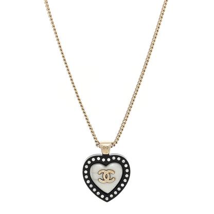Chanel Pearl Crystal CC Heart Necklace Gold Pearly White Black 1 of 4